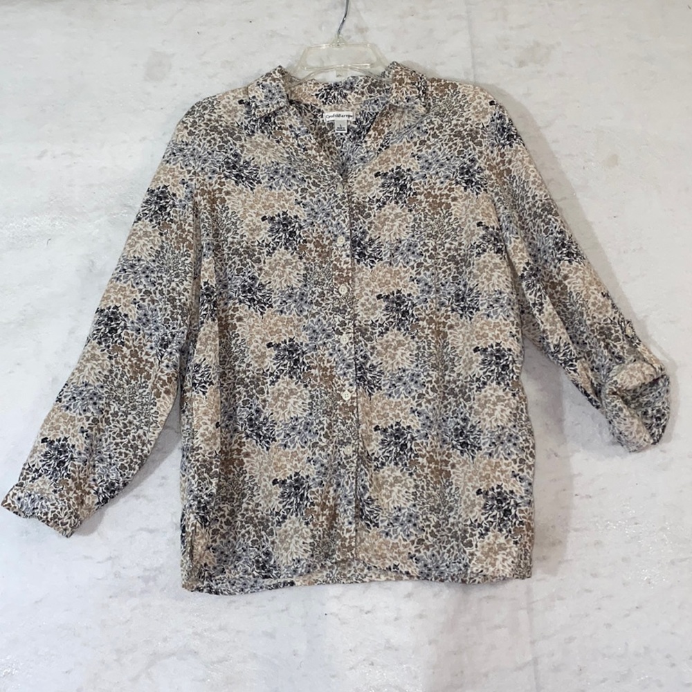 Croft & Barrow Floral Button Down Shirt Black Grey Tan Roll Tab Sleeves Size LG